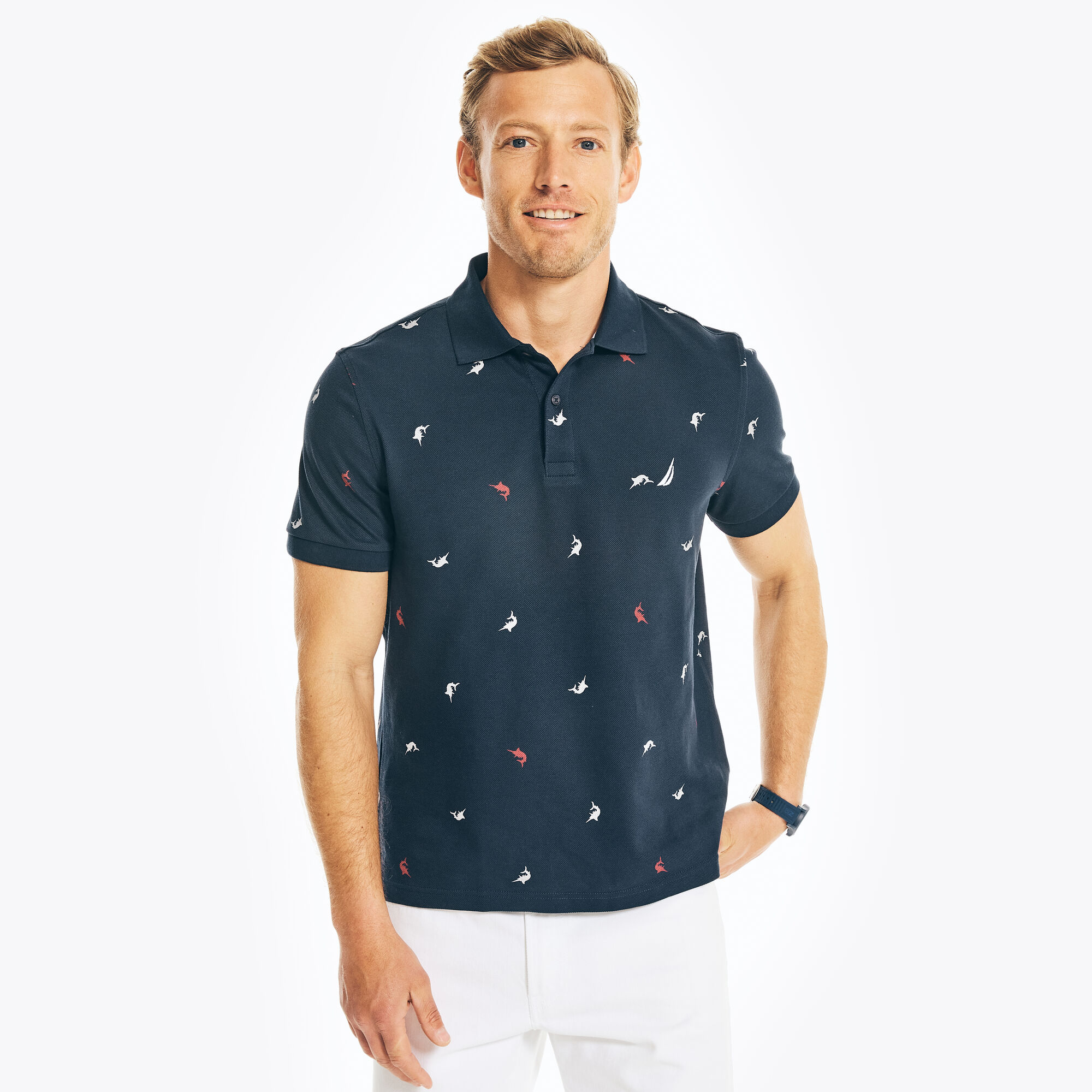 CLASSIC FIT PRINTED DECK POLO,Navy,large
