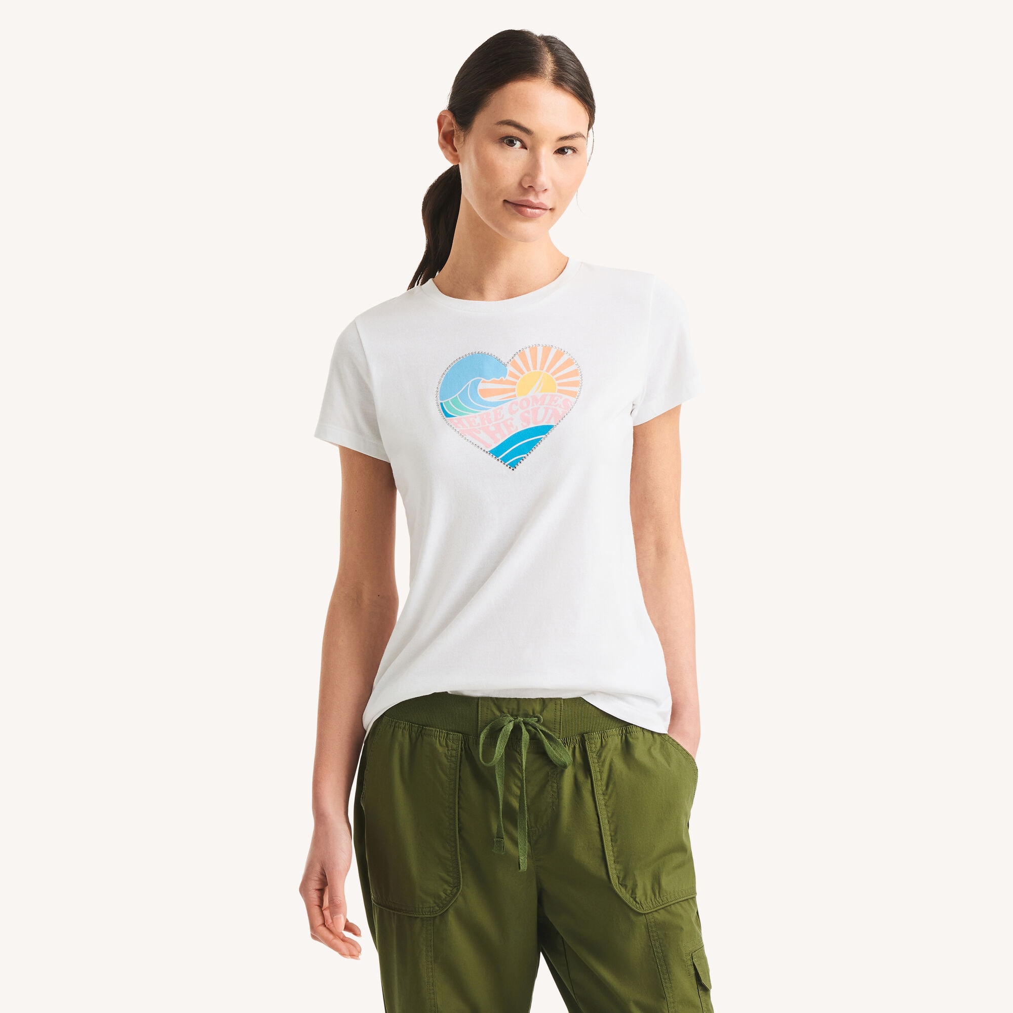 Rhinestone Here Comes The Sun Graphic T-Shirt,Bright White,large