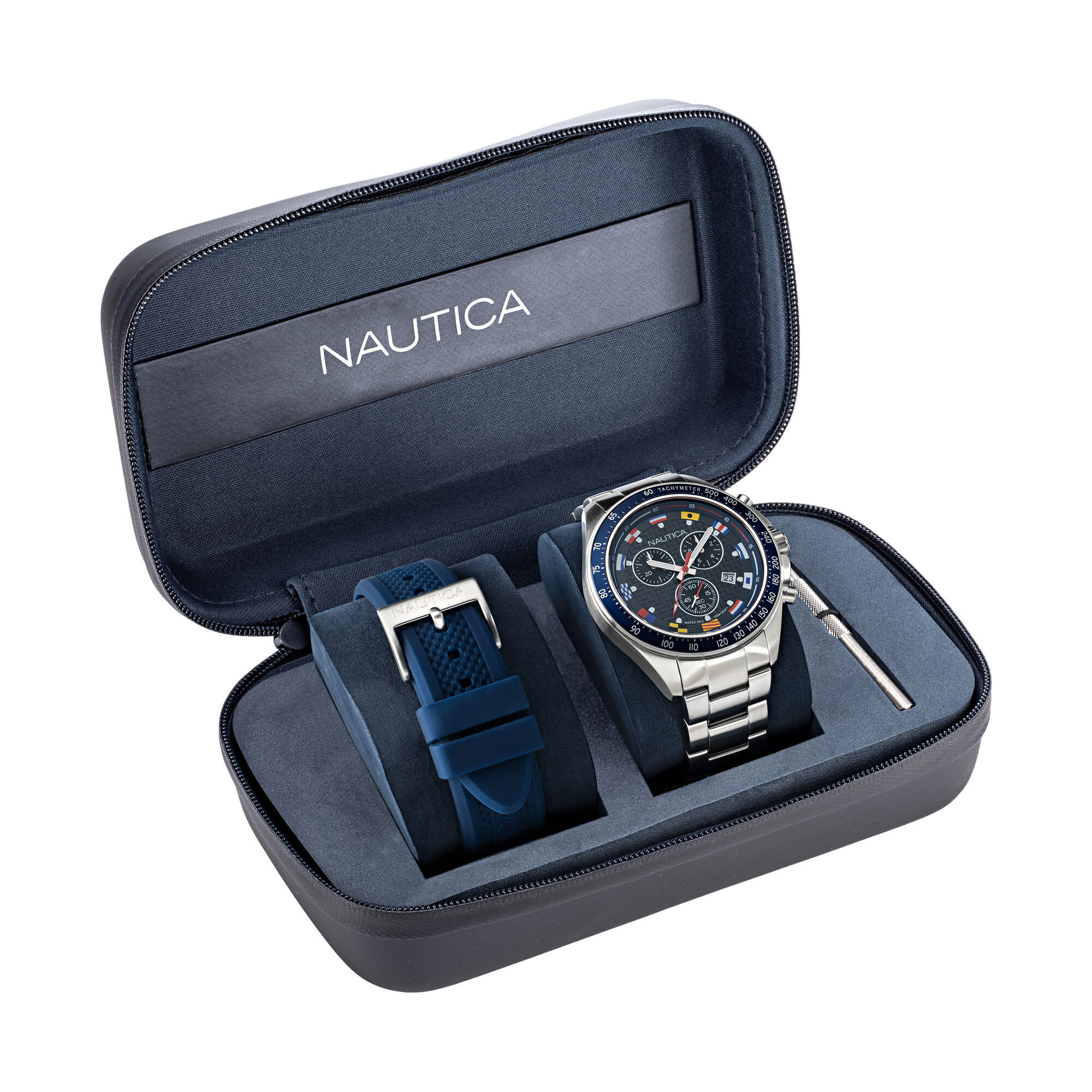 OCEAN BEACH STAINLESS STEEL AND SILICONE WATCH BOX SET,Multi,large