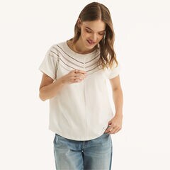 Lace Short-Sleeve Top,Bright White,large