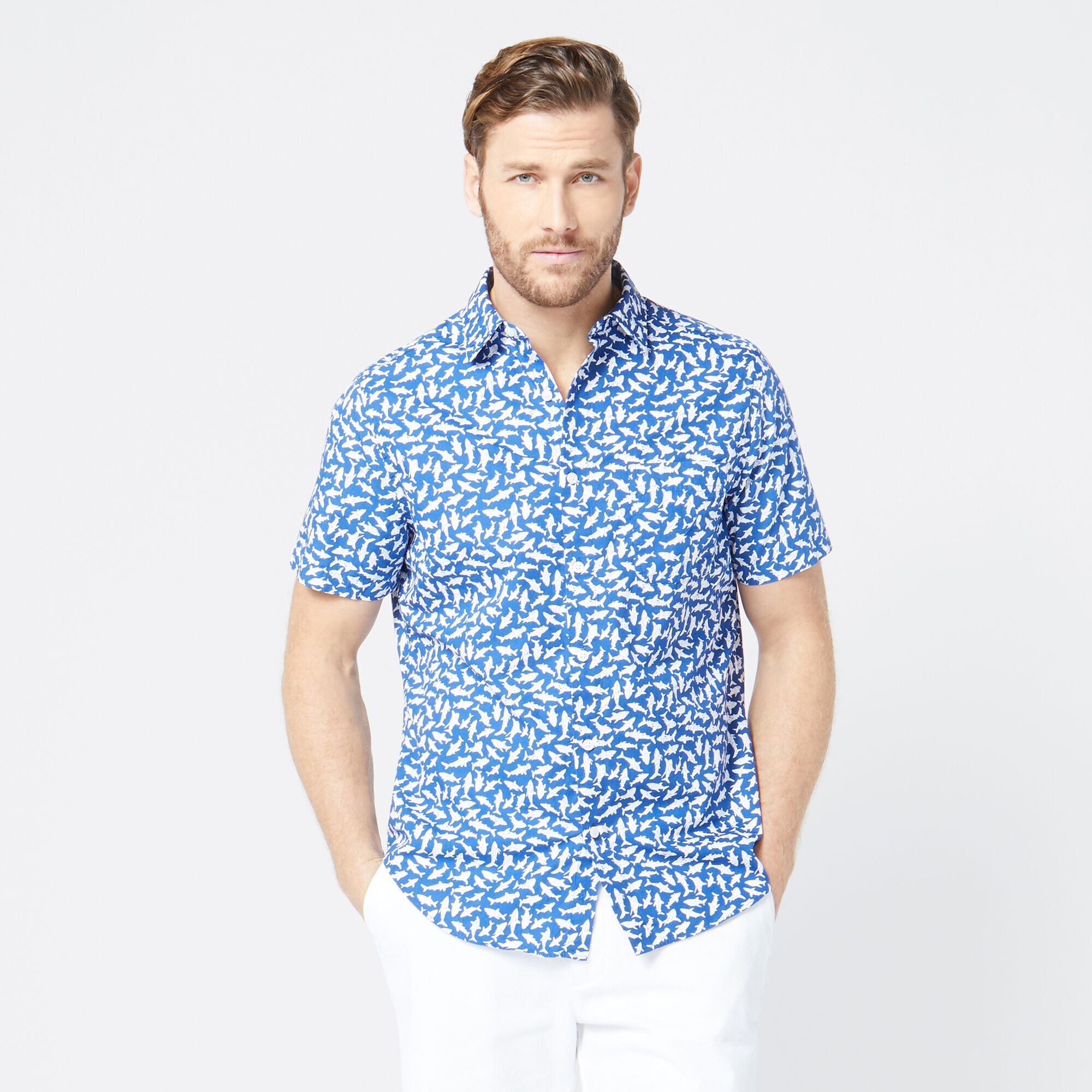 CLASSIC FIT SHARK PRINT SHIRT,Windsurf Blue,large