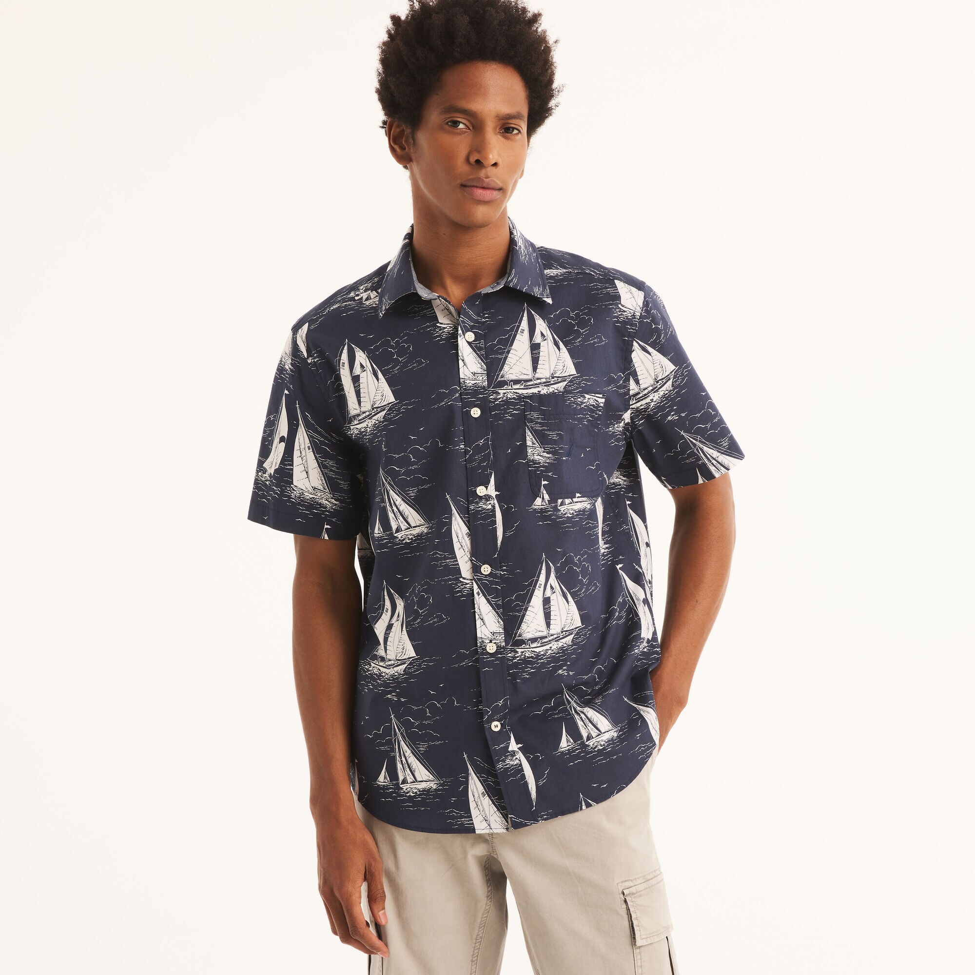 Printed Poplin Short-Sleeve Shirt,Navy,large