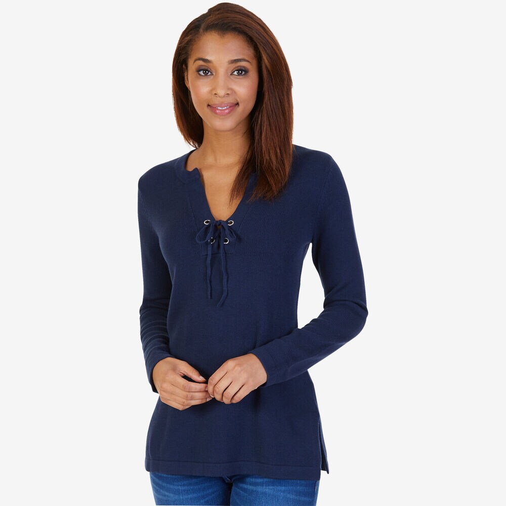 Long Sleeve Laced Tunic Sweater,Stellar Blue Heather,large