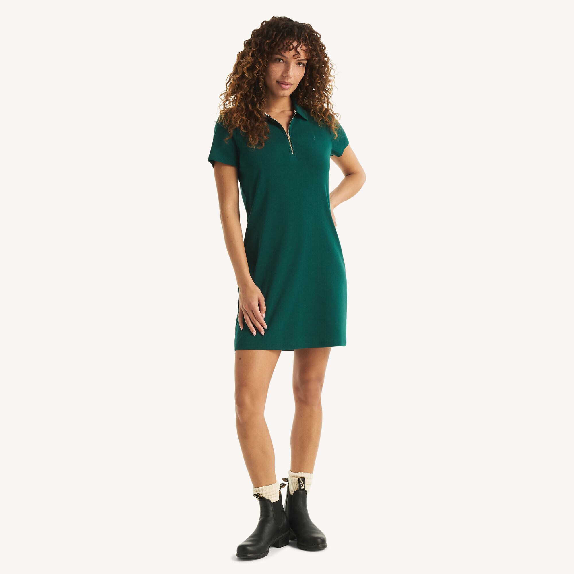 Zip-Up Polo Dress,Olive,large