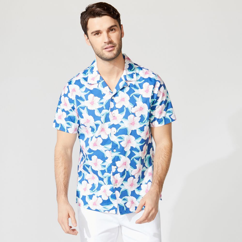 FLORAL PRINT SHORT-SLEEVE SHIRT,Windsurf Blue,large
