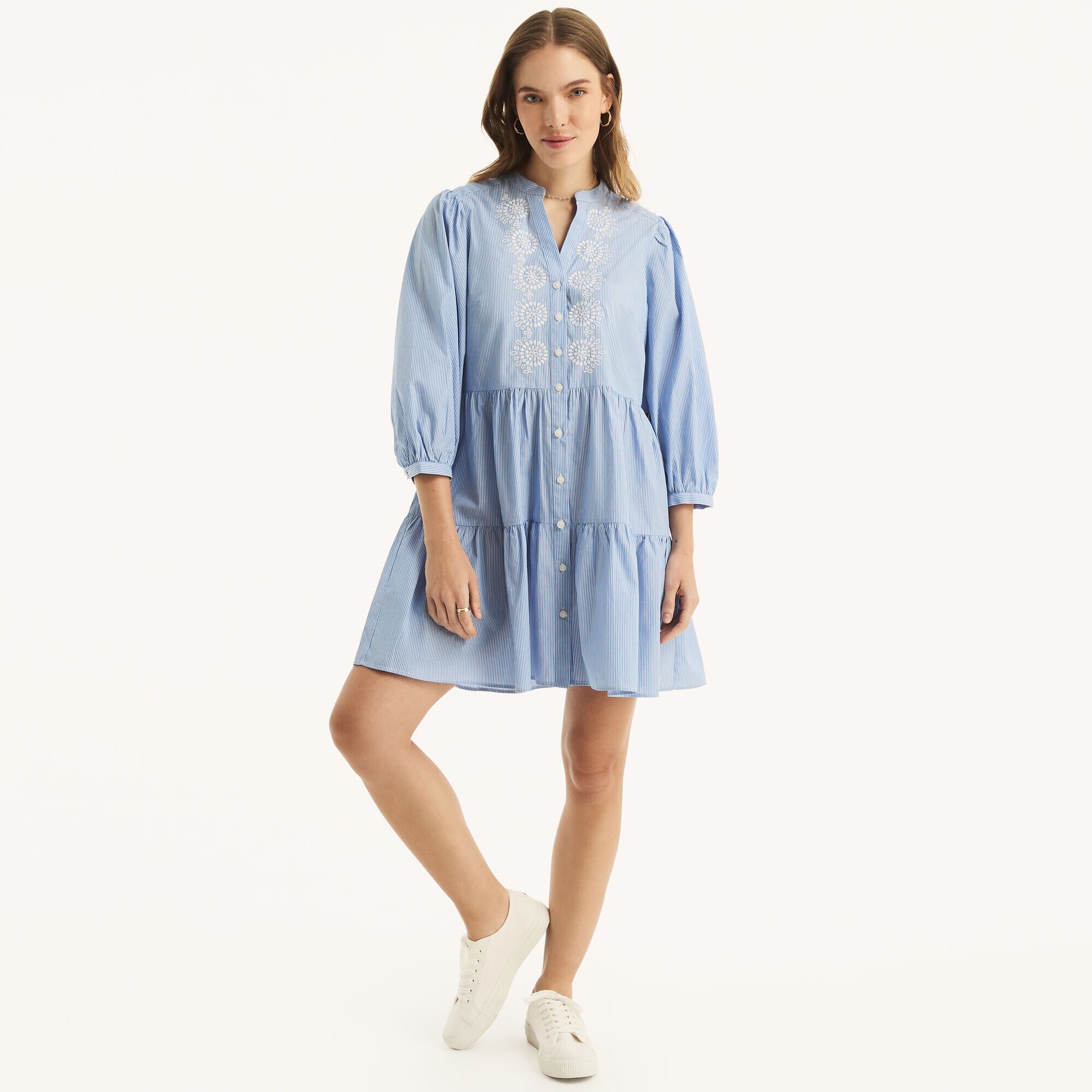Button-Front Striped Tiered Dress,Tropic Wave,large
