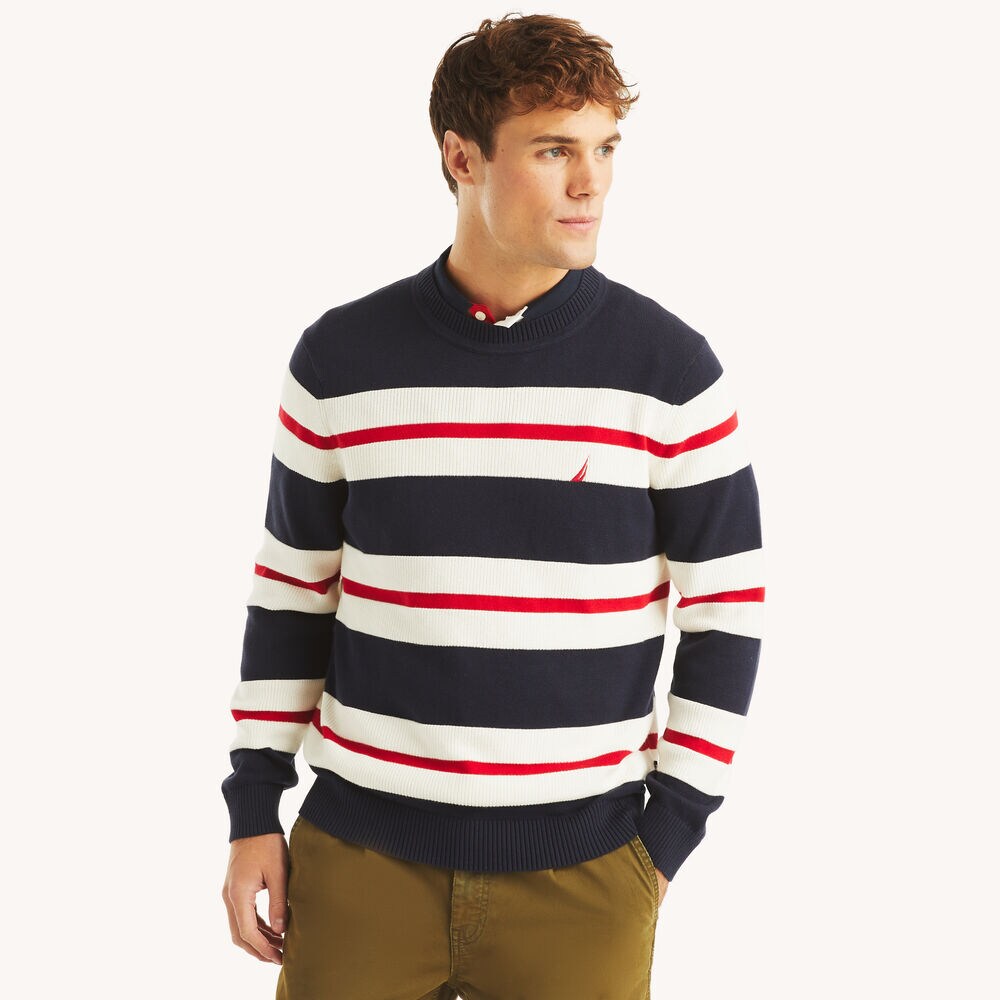 Striped Textured Crewneck Sweater,Navy,large