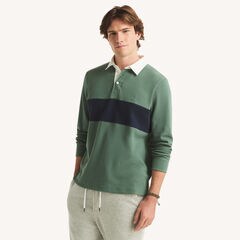 Classic Fit Pieced Waffle Long-Sleeve Polo,Olive,large