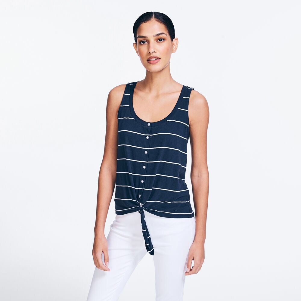 STRIPED TIE-FRONT BUTTON SLEEVELESS TOP,Stellar Blue Heather,large
