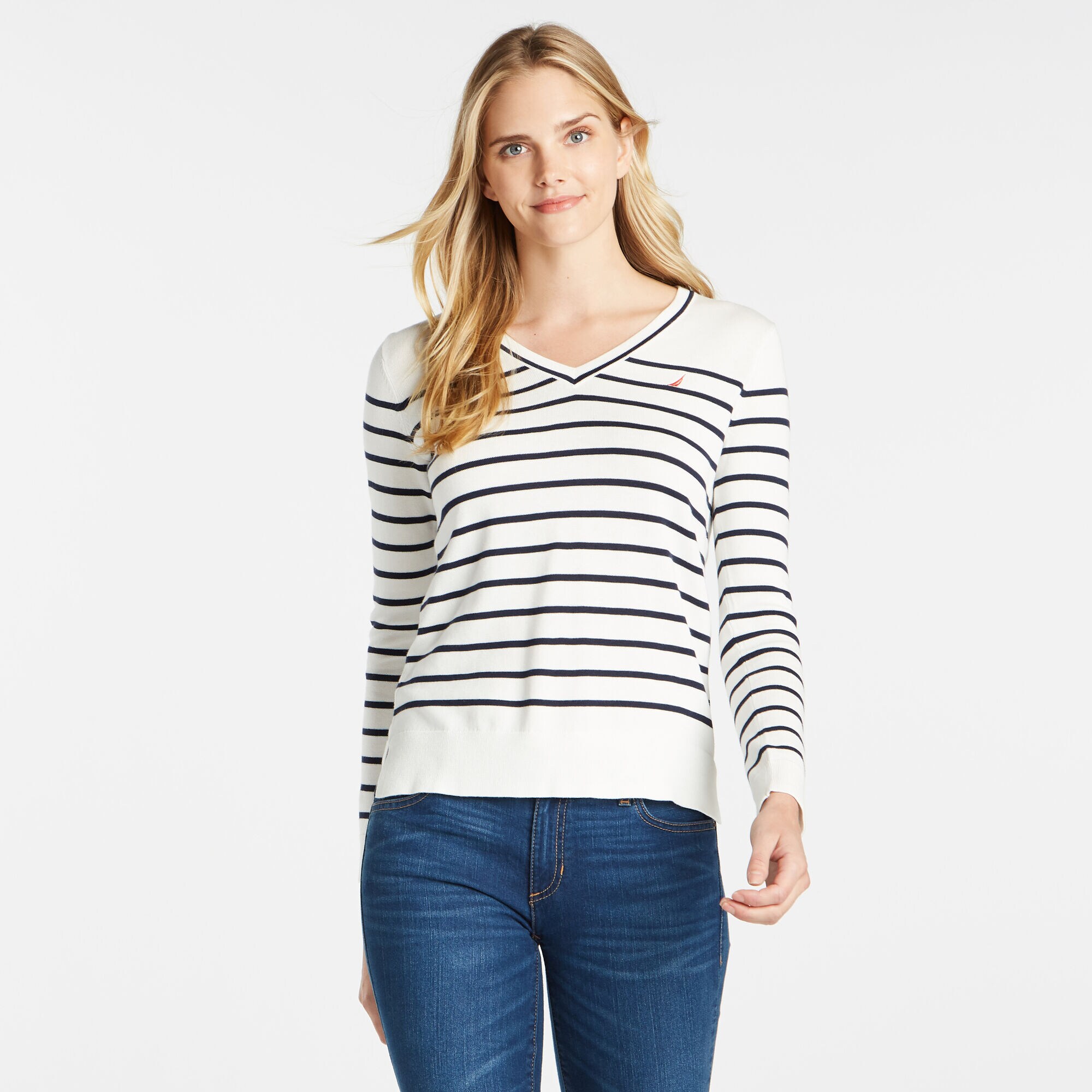 STRIPE V-NECK SWEATER,Marshmallow,large