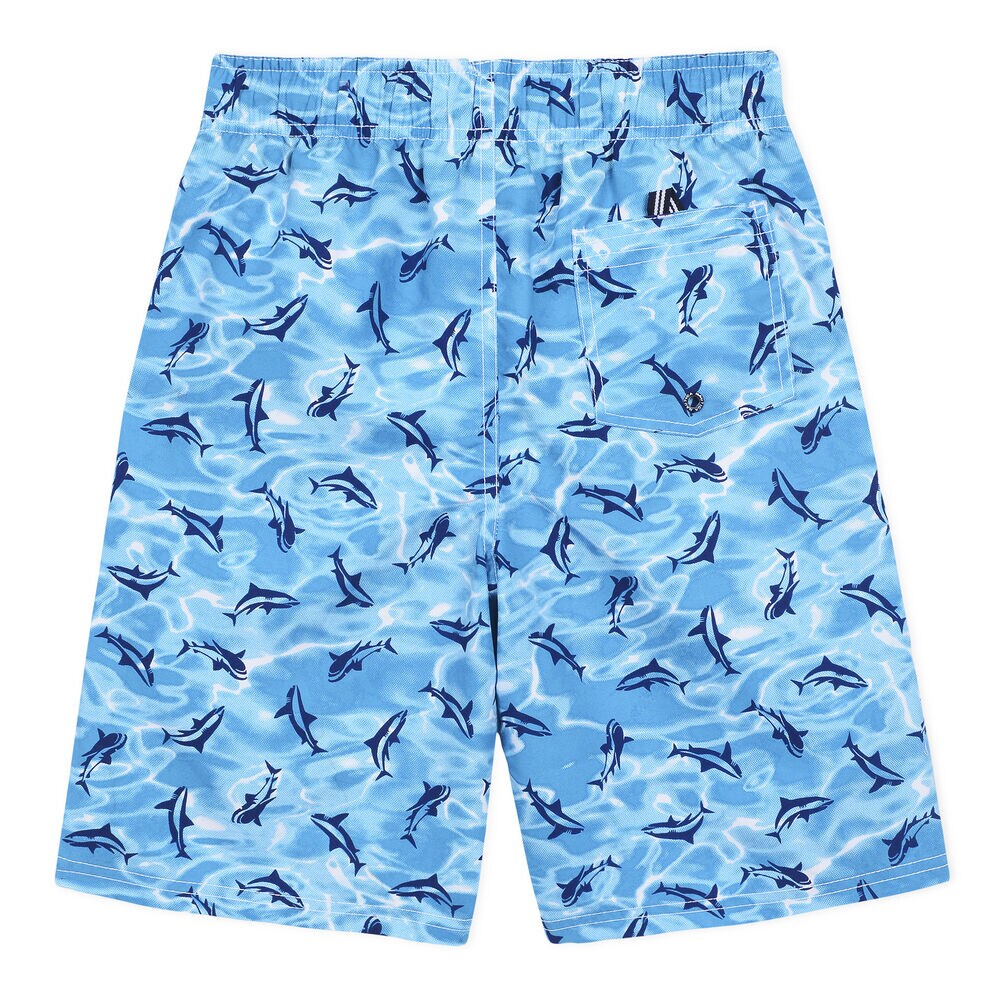 Little Boys' Mano Swim Trunk in Shark Print (4-7),Star Turquoise,large