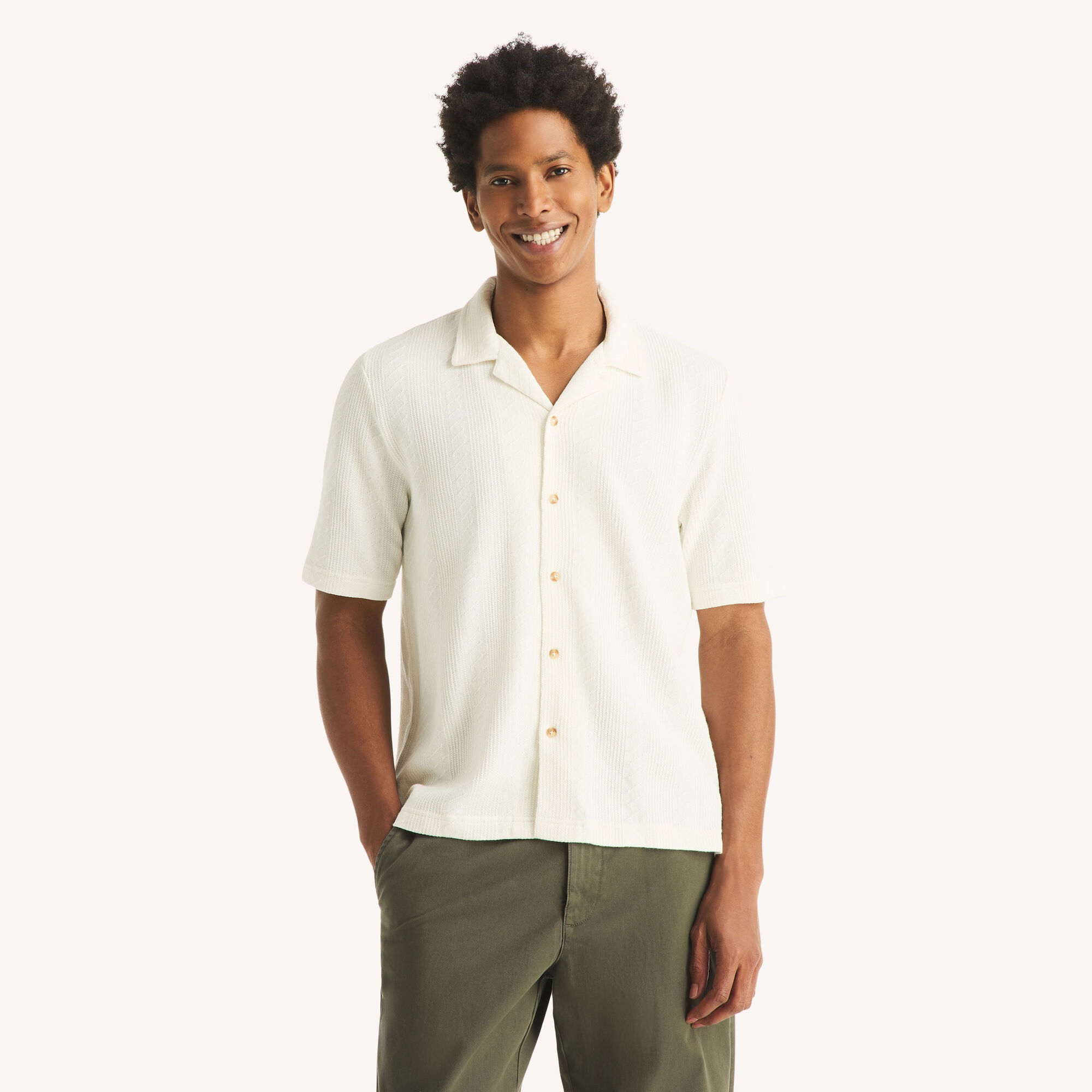 Classic Fit Textured Button-Front Polo,Bright White,large