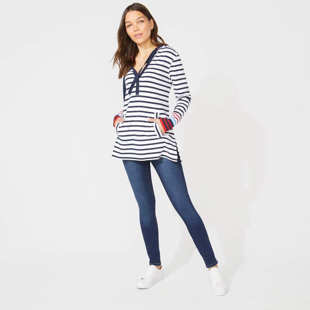 STRIPED SPLIT NECK PULLOVER HOODIE,Stellar Blue Heather,large