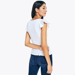 Smocked Flutter-Sleeve Top,Bright White,large