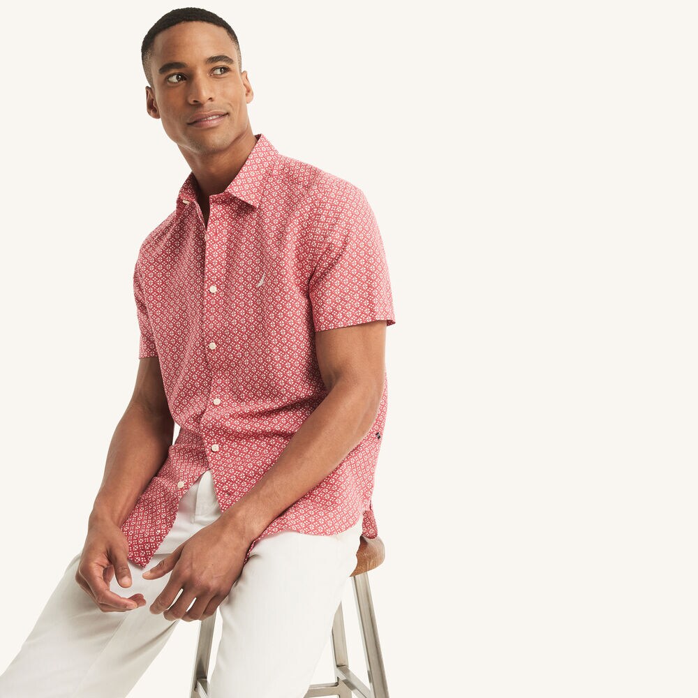 Printed Linen Short-Sleeve Shirt,Sailor Red,large