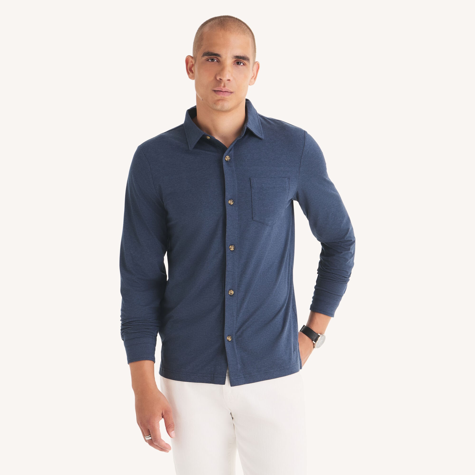 Golf Fit Long-Sleeve Button-Front Performance Polo,Stellar Blue Heather,large