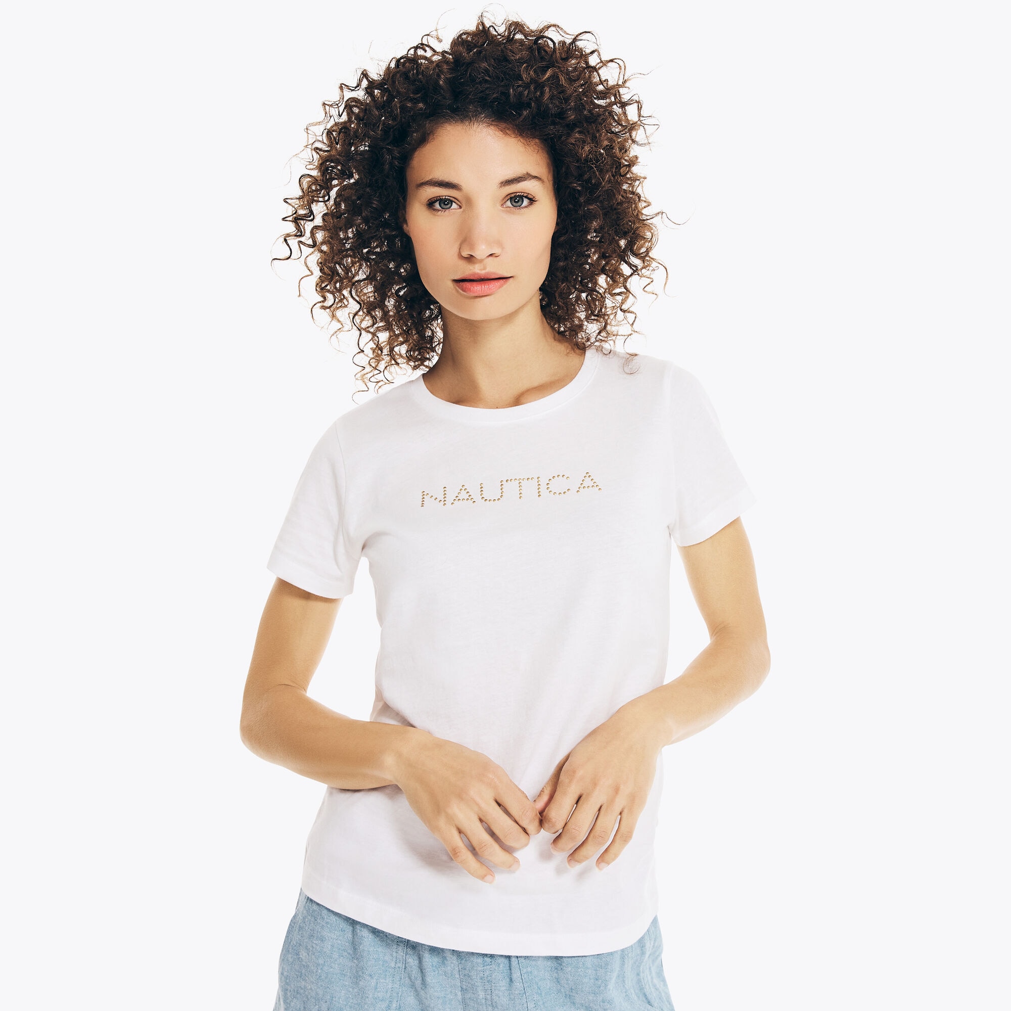 Studded Logo Crewneck T-Shirt,Bright White,large
