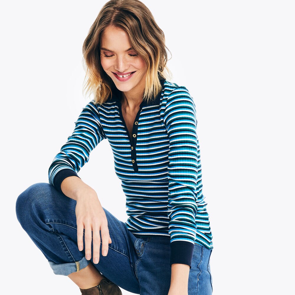 Ribbed Striped Long-Sleeve Polo,Hawaiian Ocean,large