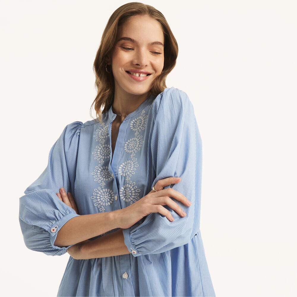 Button-Front Striped Tiered Dress,Tropic Wave,large