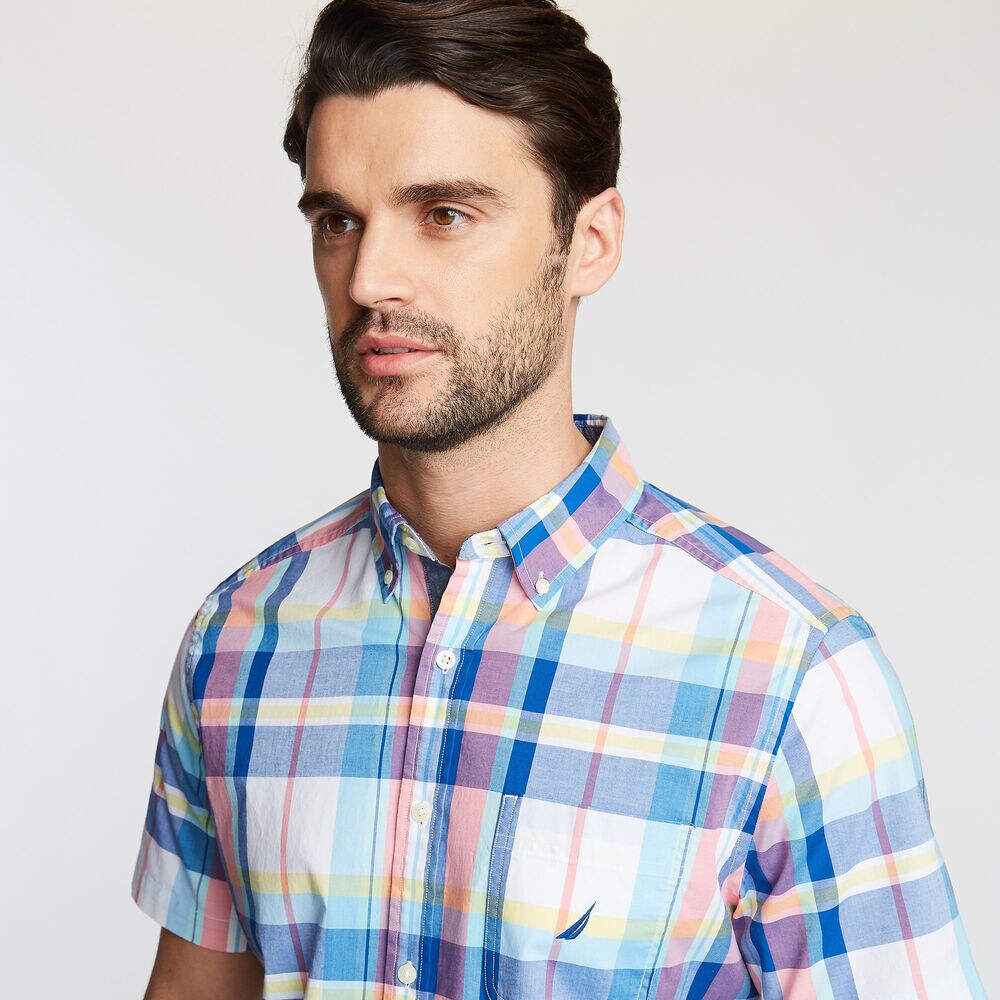 BIG & TALL SHORT SLEEVE SHIRT IN PASTEL PLAID,Bright White,large