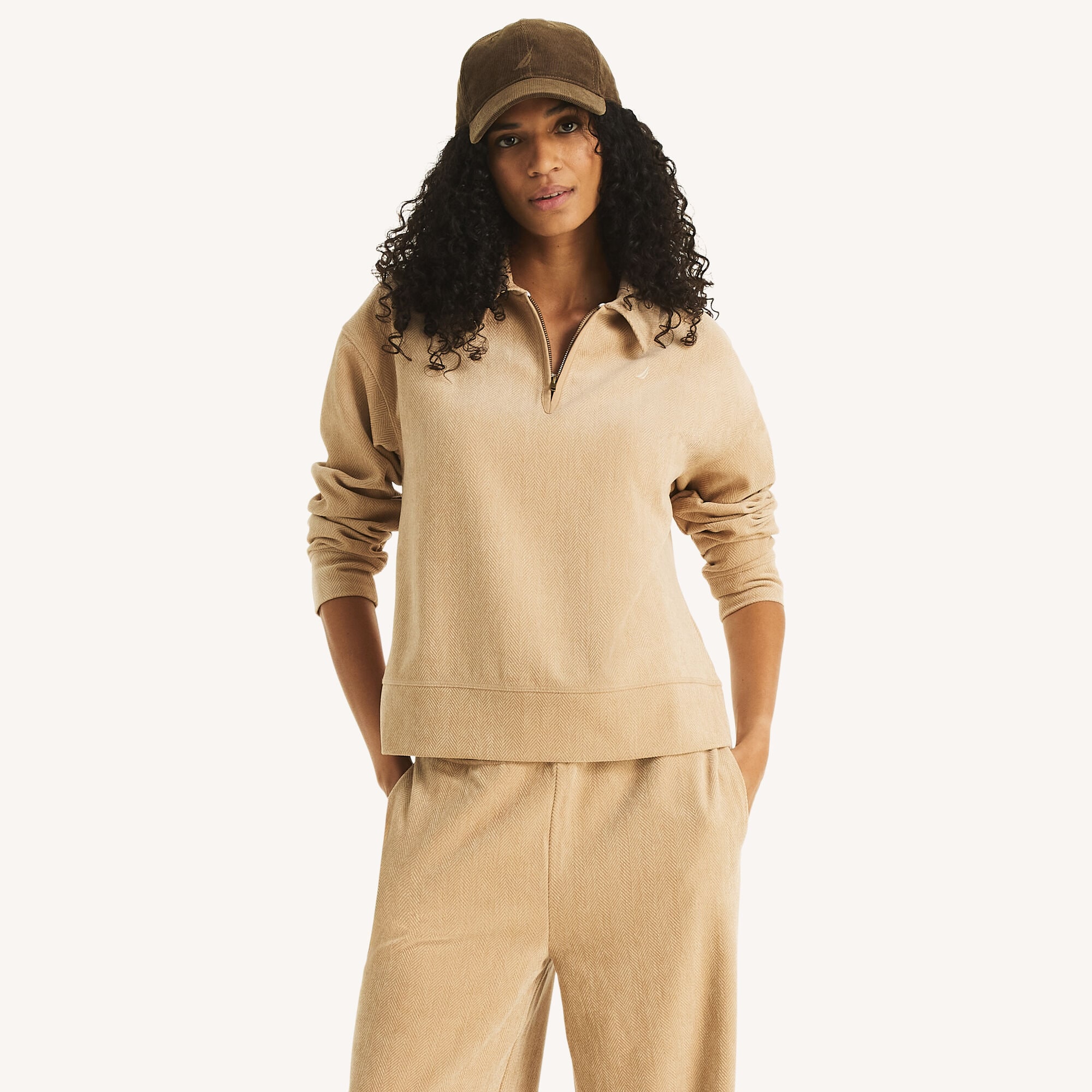 Herringbone Quarter-Zip Pullover,Truffle,large