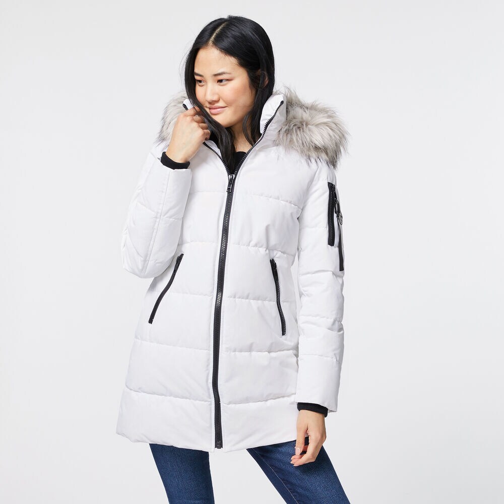 FAUX FUR TRIM HOODED PUFFER COAT,Bright White,large