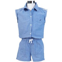 Girls' Chambray Sleeveless Romper (8-16),Windsurf Blue,large