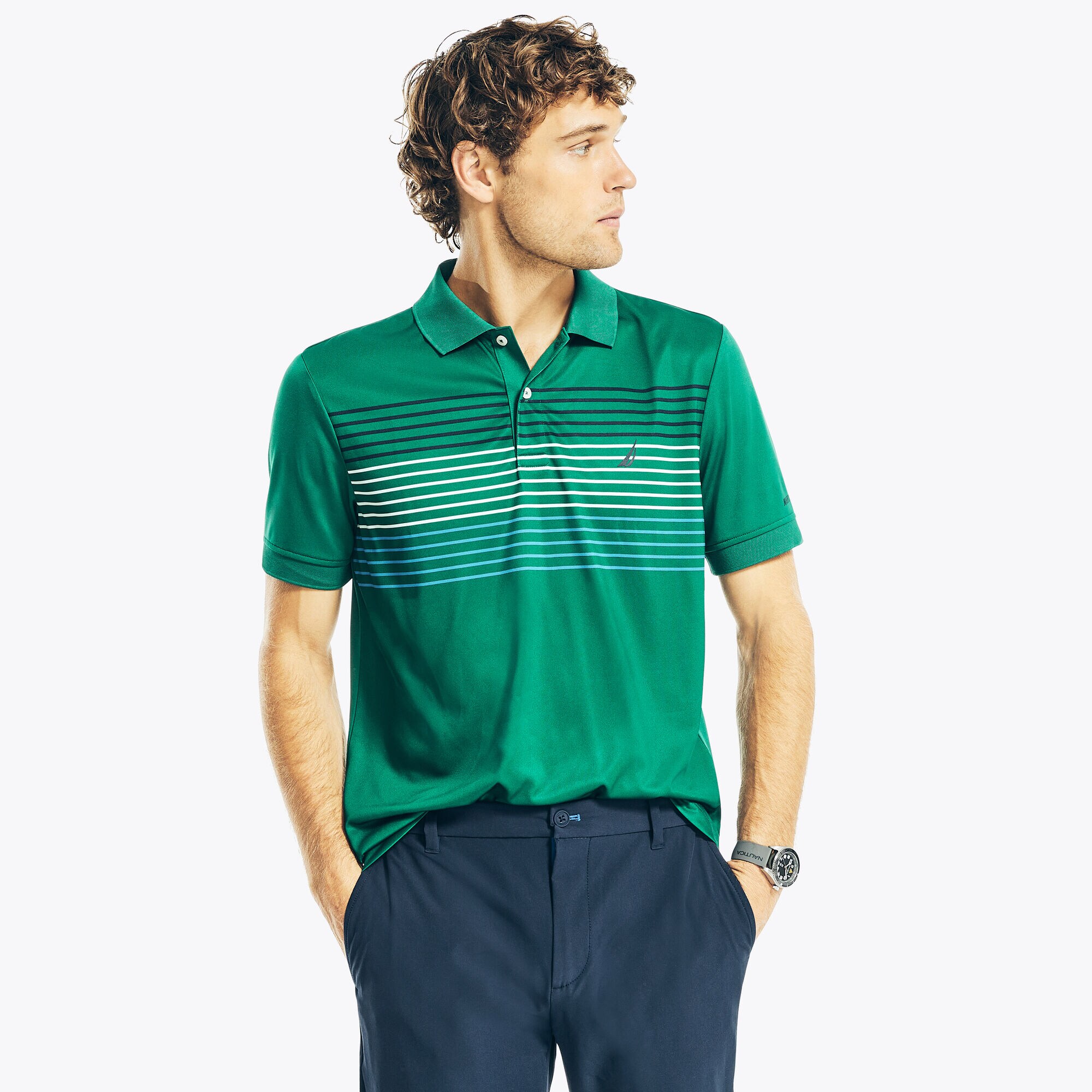 NAVTECH STRIPED CLASSIC FIT POLO,Nile,large