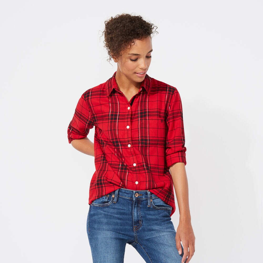 NAUCTICA JEANS CO. LONG SLEEVE TIFFANY PLAID BOYFRIEND SHIRT,Cranberry,large