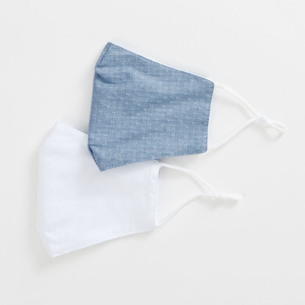 DOT PRINT DENIM AND SOLID REUSABLE FACE MASK, 2 PACK,Antique White Wash,large