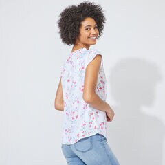 FLORAL SPLIT NECK TOP,Bright White,large