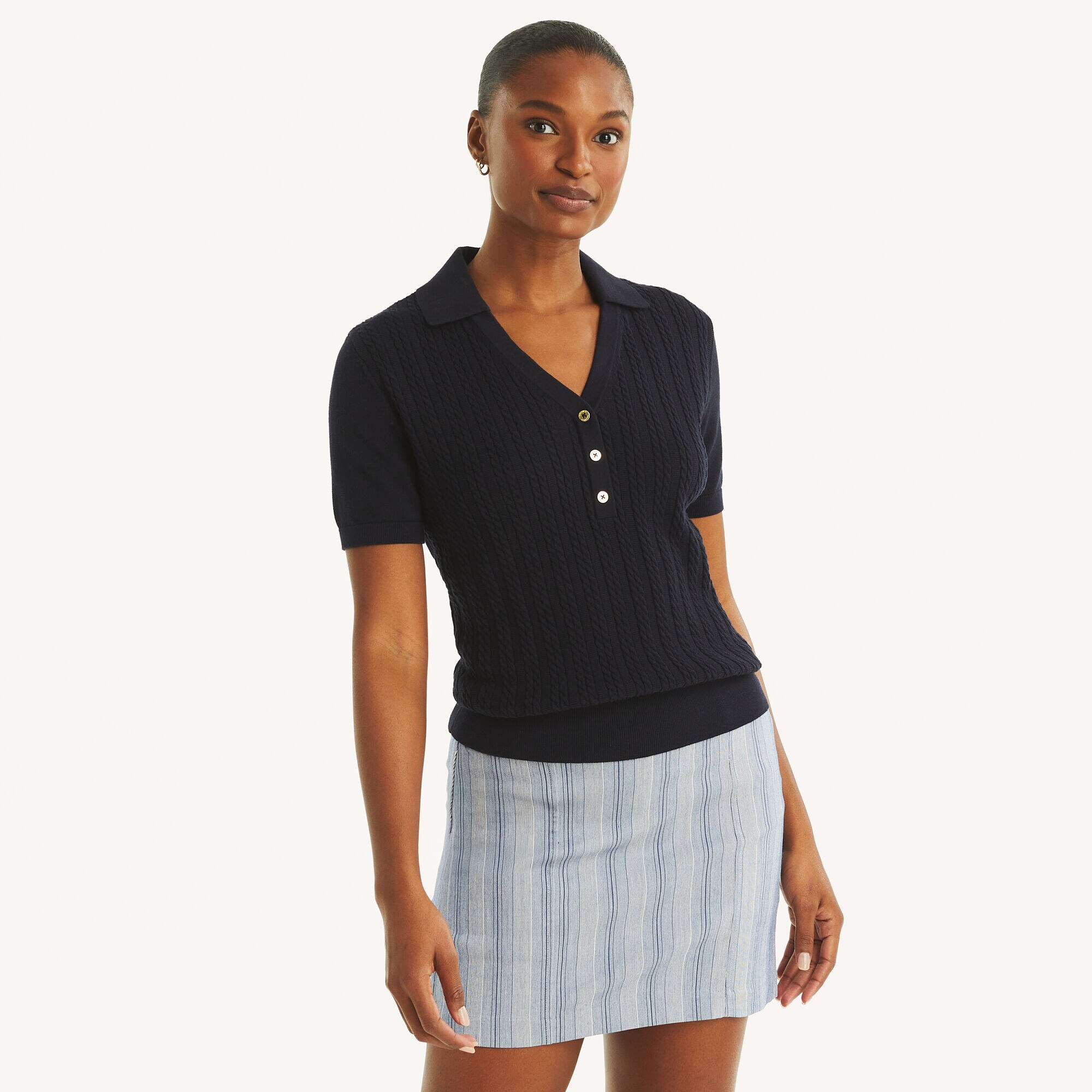 Cable-Knit Johnny Collar Sweater,Navy,large