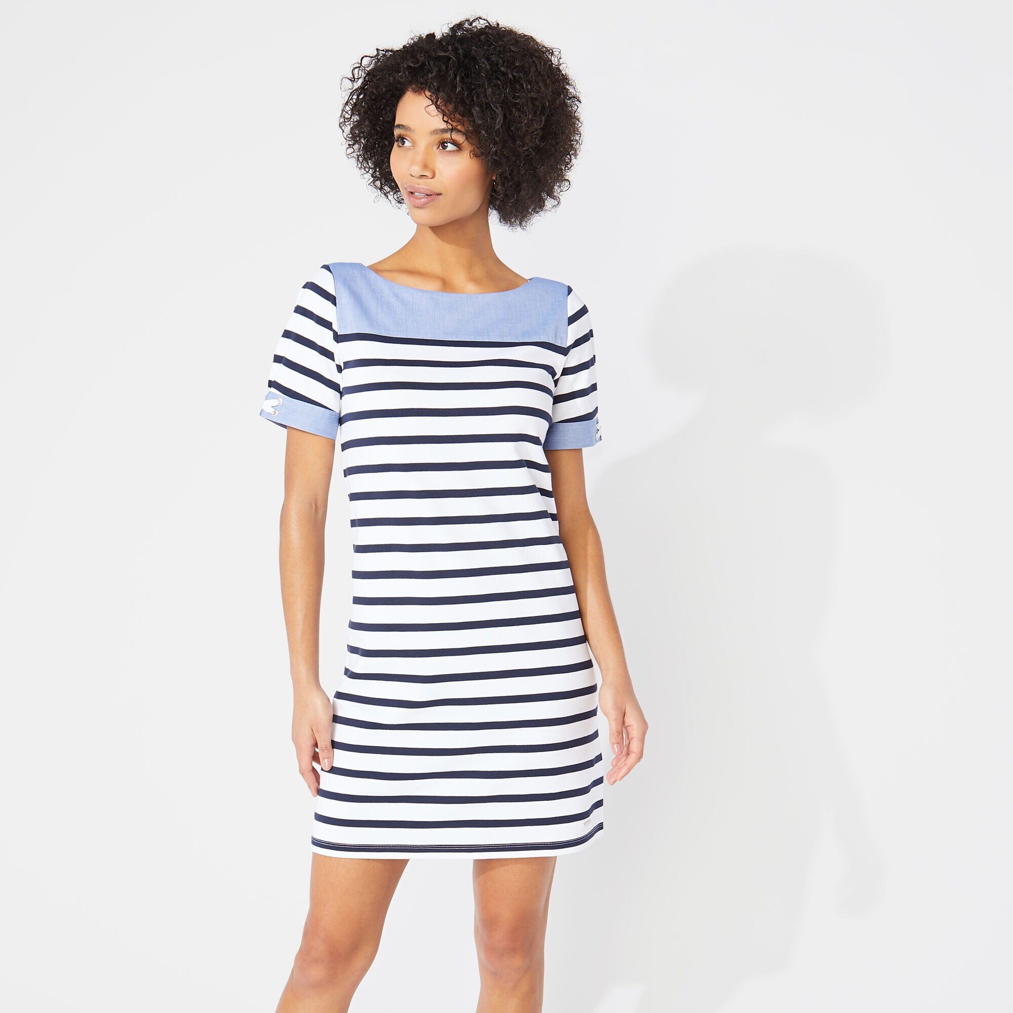 CHAMBRAY AND STRIPE KNIT DRESS,Bright White,large