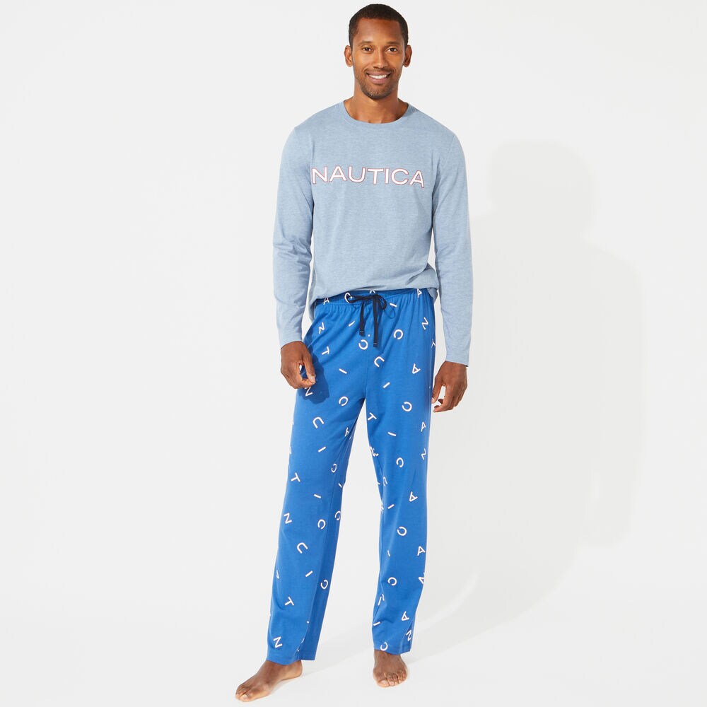 SLIM FIT NAUTICA LOGO LONG SLEEVE AND KNIT PANTS PAJAMA SET,Anchor Blue Heather,large