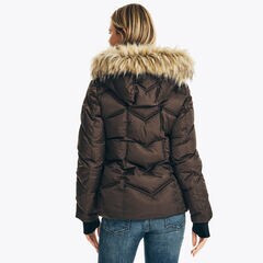 FAUX-FUR TRIMMED HOODED PUFFER,True Black,large