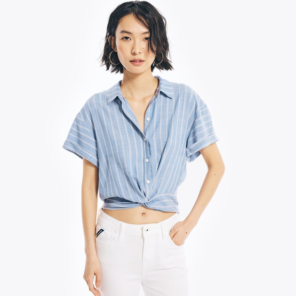 NAUTICA JEANS CO. TWIST-FRONT STRIPED BUTTON-UP TOP,Bright Cobalt,large