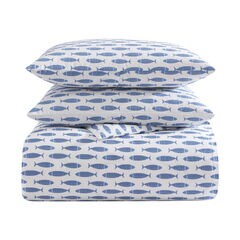 Woodblock Fish Blue Full/Queen Duvet Cover Set,Classic Blue,large