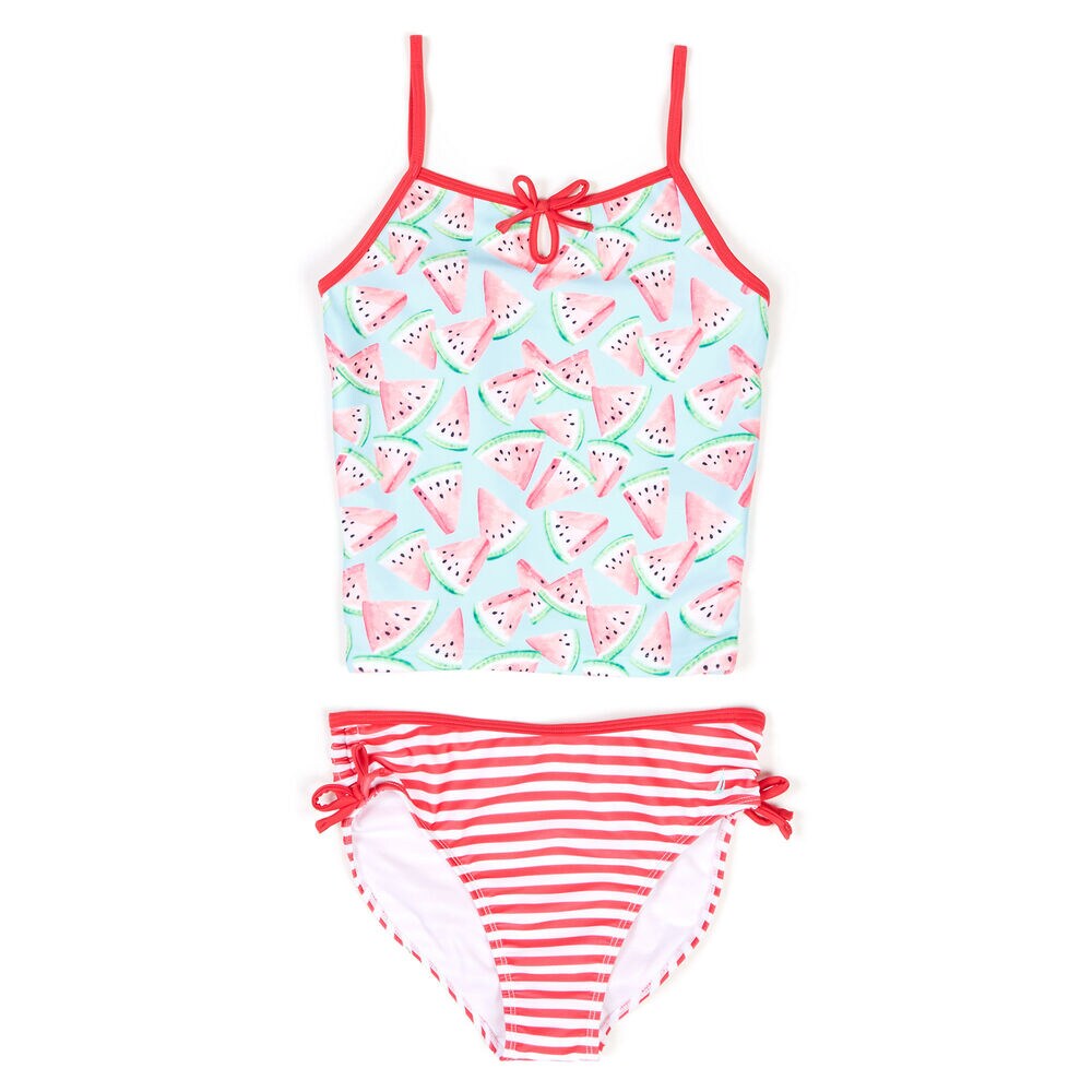 Toddler Girls' Watermelon + Striped Tankini (2T-4T),Pomegranate,large
