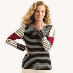 Striped Colorblock Boatneck Top,True Black,large