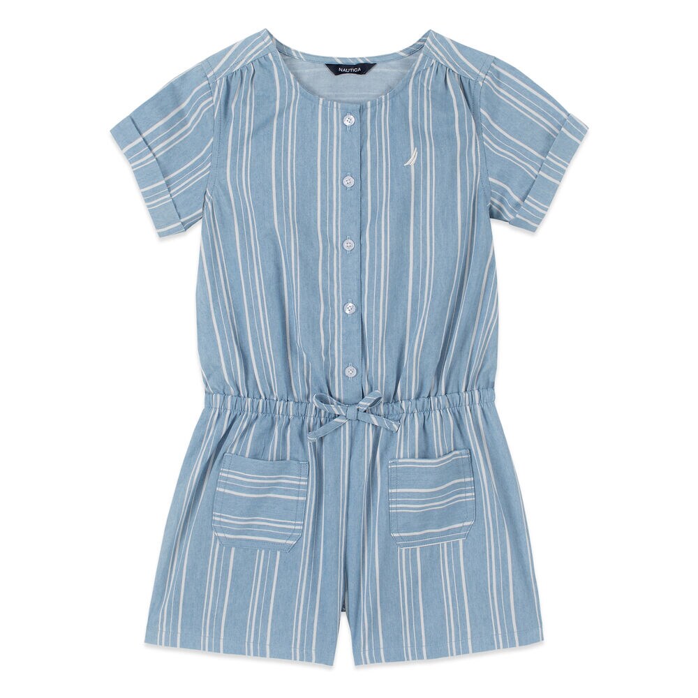 GIRLS' CHAMBRAY STRIPED ROMPER (8-20),Nite Sea Heather,large