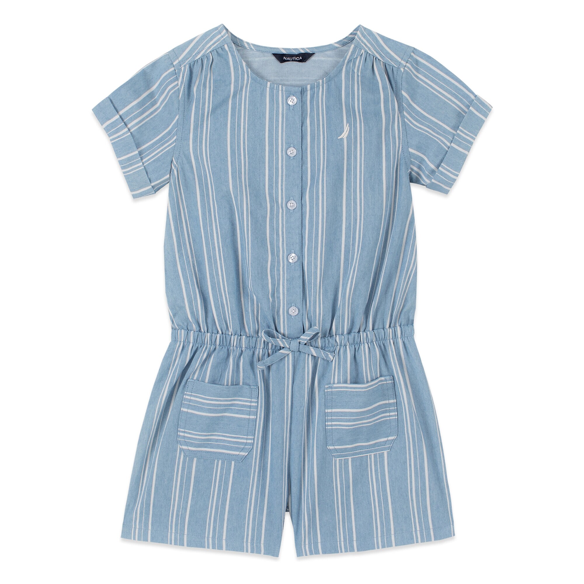 GIRLS' CHAMBRAY STRIPED ROMPER (8-20),Nite Sea Heather,large