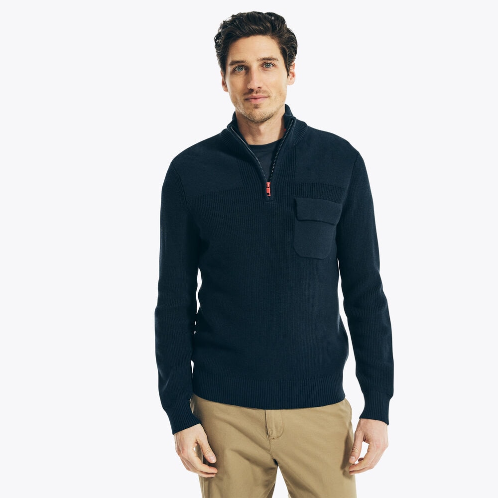 NAUTICA JEANS CO. POCKET QUARTER-ZIP SWEATER,Navy,large