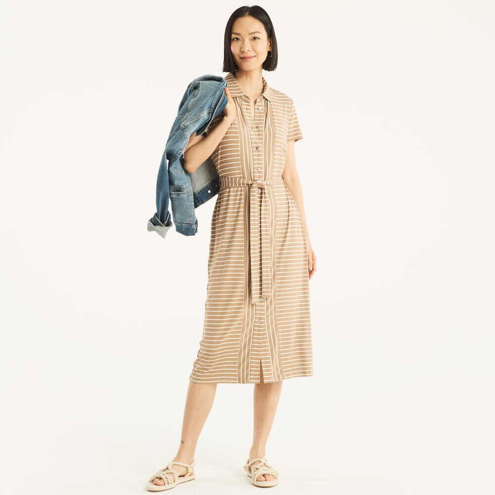 Striped Button-Front Dress,Coastal Tan,large