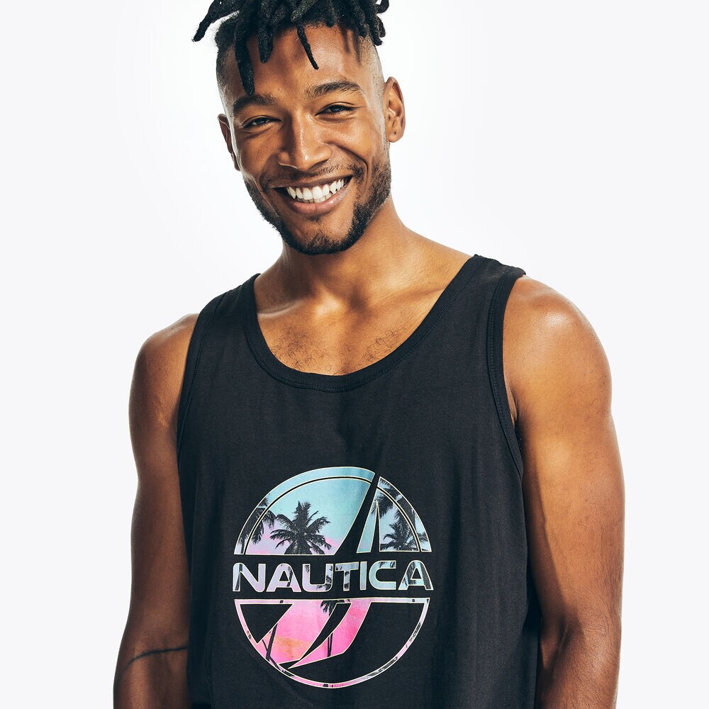 SUSTAINABLY CRAFTED PALM TREES GRAPHIC TANK,True Black,large
