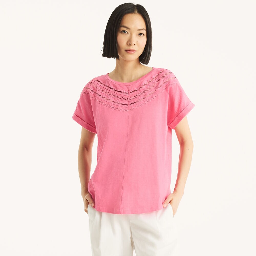 Lace Short-Sleeve Top,Pink,large