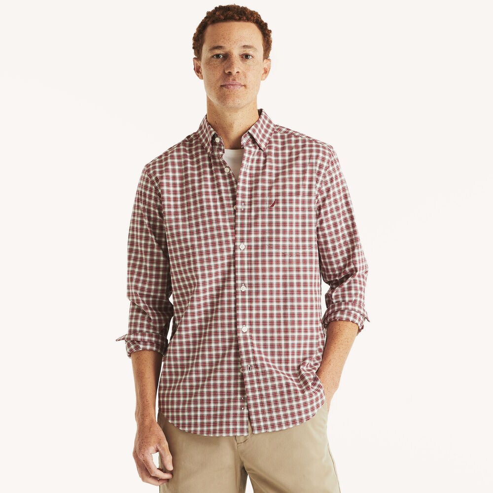 Classic Fit Wrinkle-Resistant Plaid Shirt,Nautica Red,large