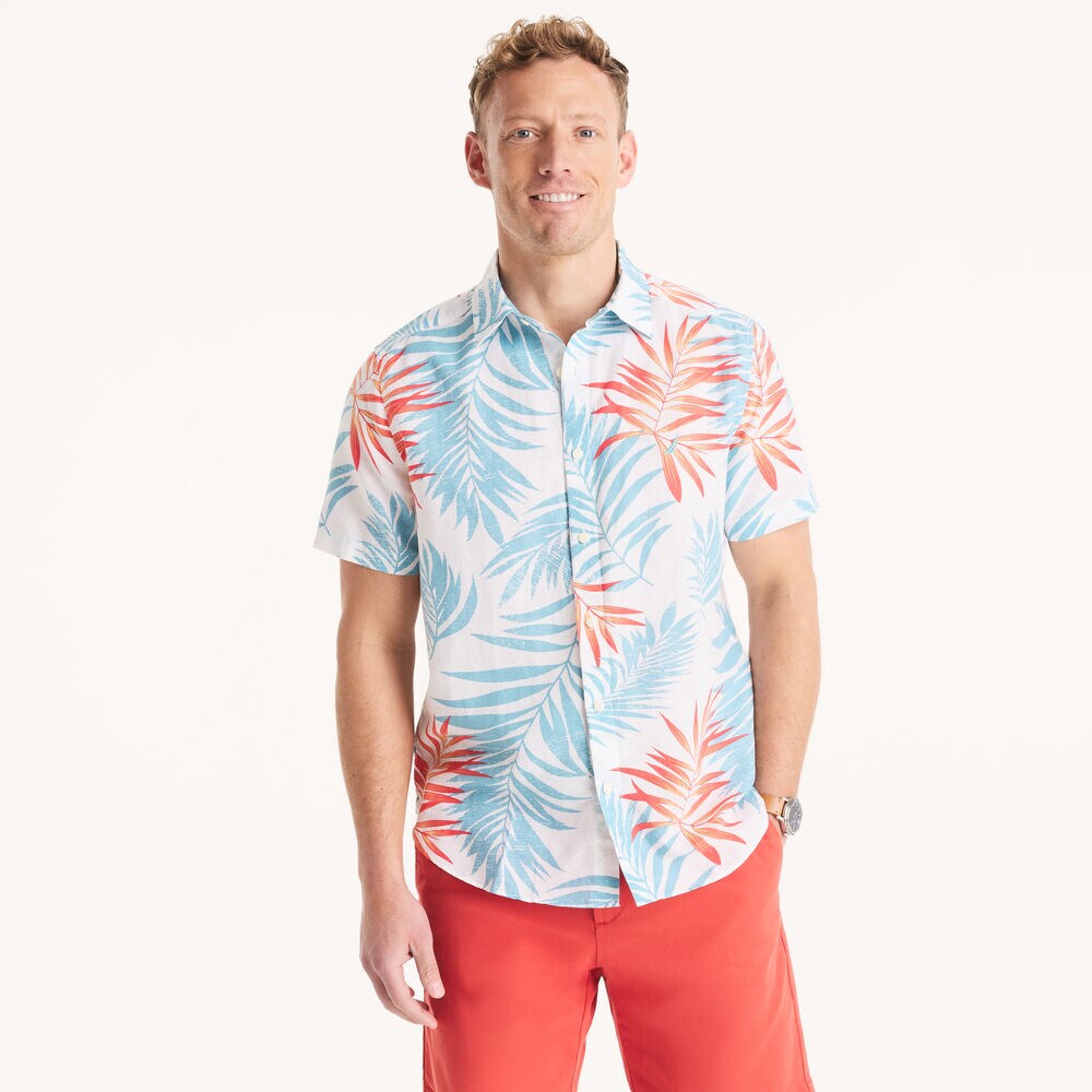 Printed Linen Short-Sleeve Shirt,Bright White,large
