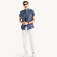 Striped Oxford Short-Sleeve Shirt,Lapis Blue,large