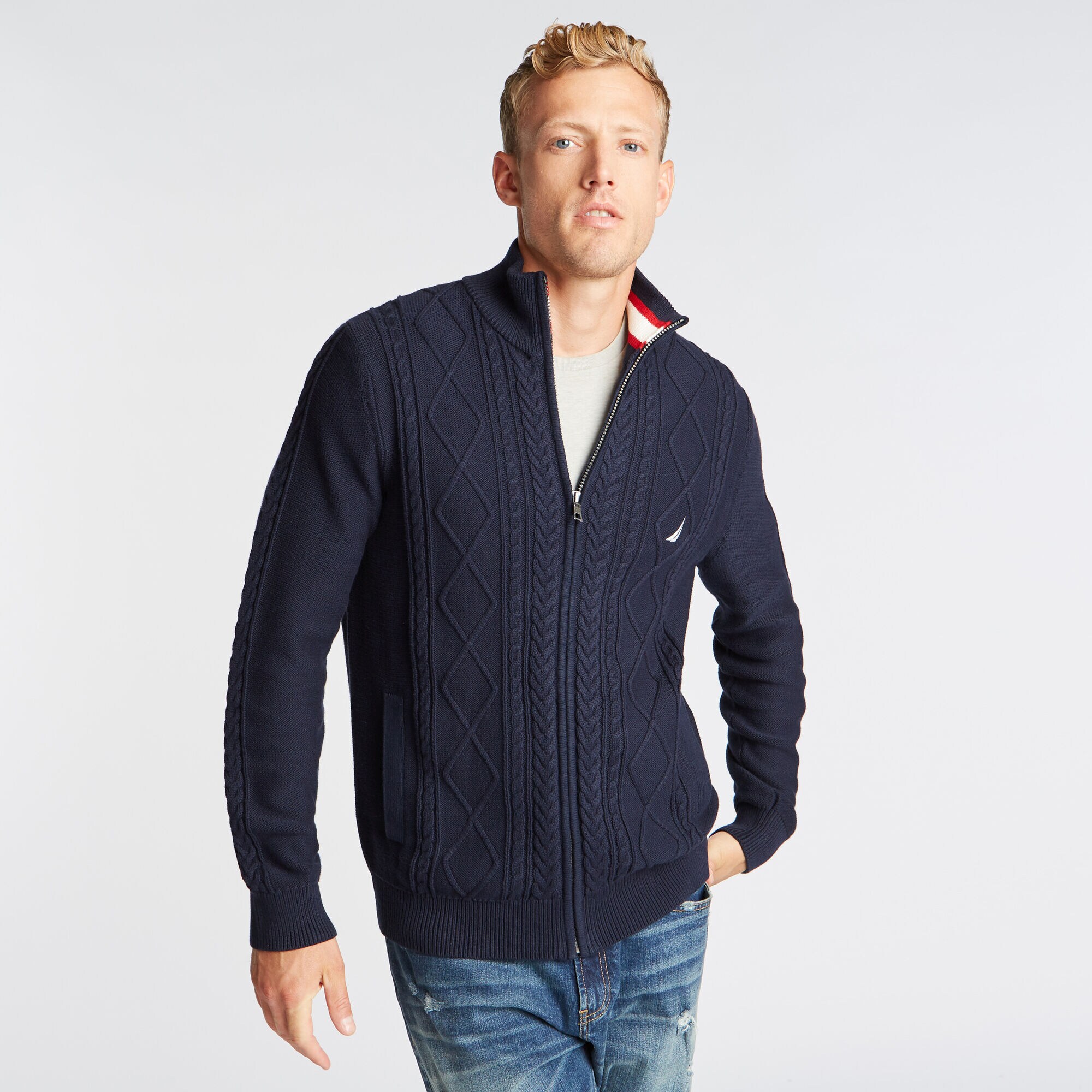 FULL ZIP CABLE KNIT SWEATER,Navy,large