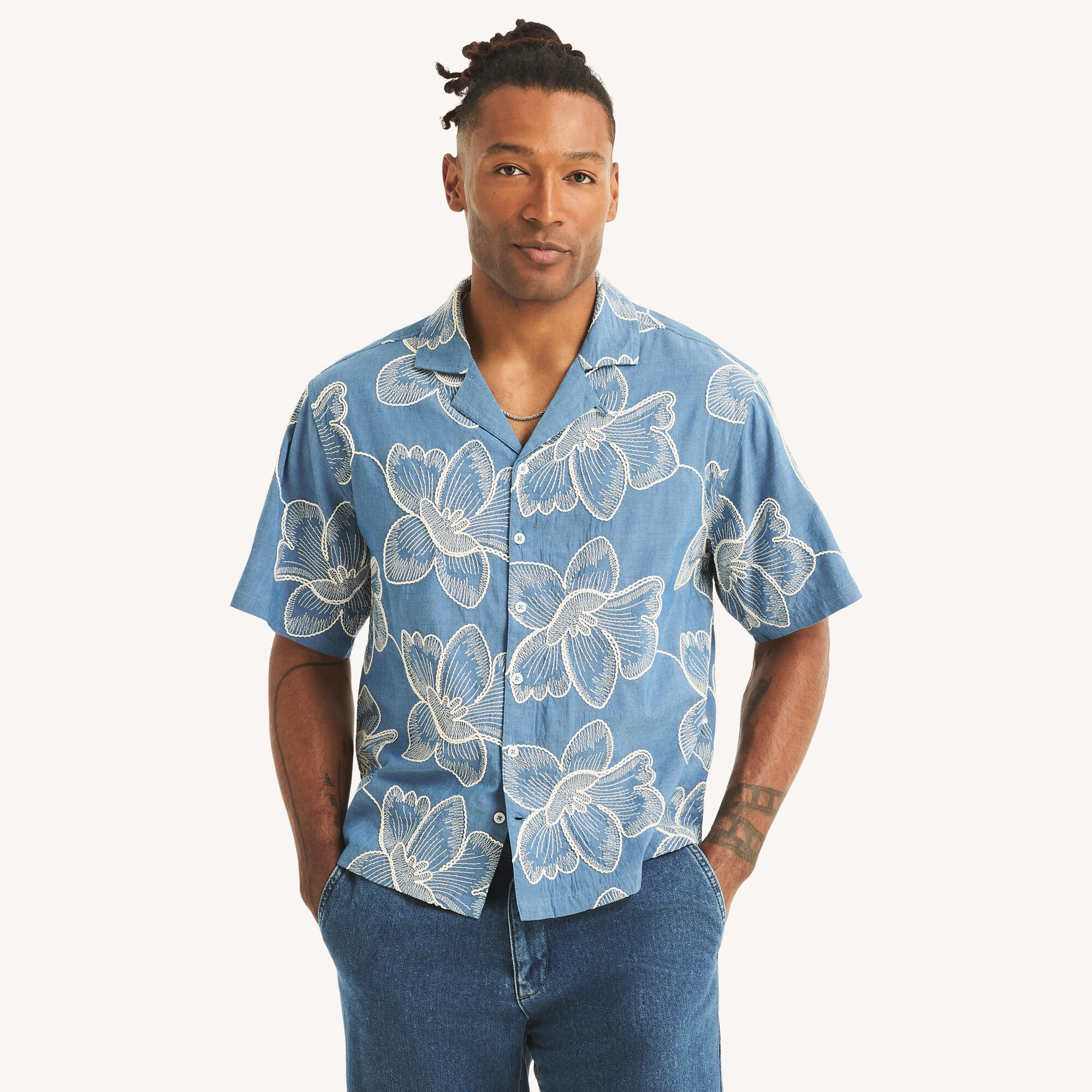 Printed Short-Sleeve Camp Shirt,Workshirt Blue,large